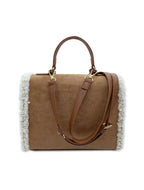 Badgley Mischka Shearling Trim Satchel Brown
