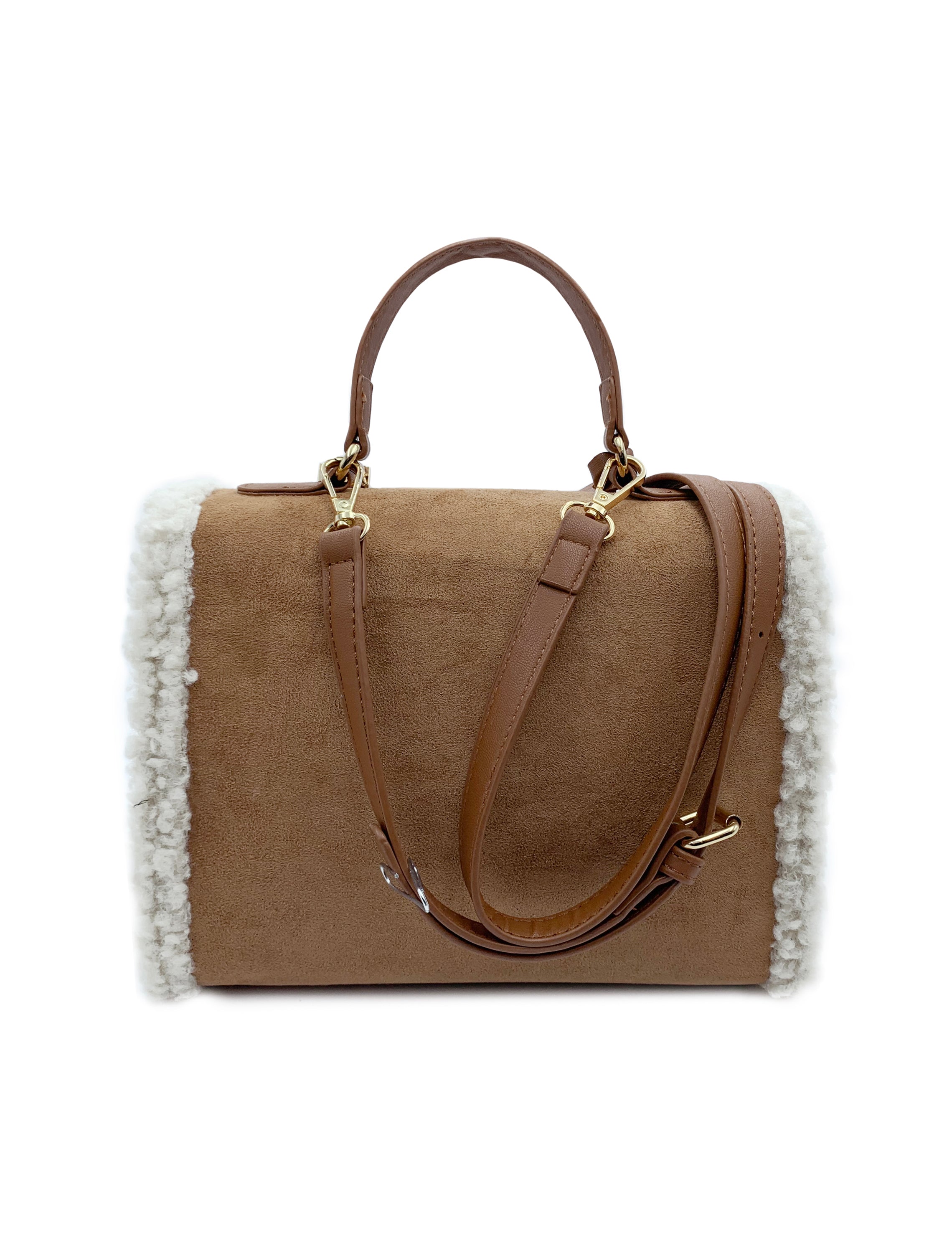 Badgley Mischka Shearling Trim Satchel Brown
