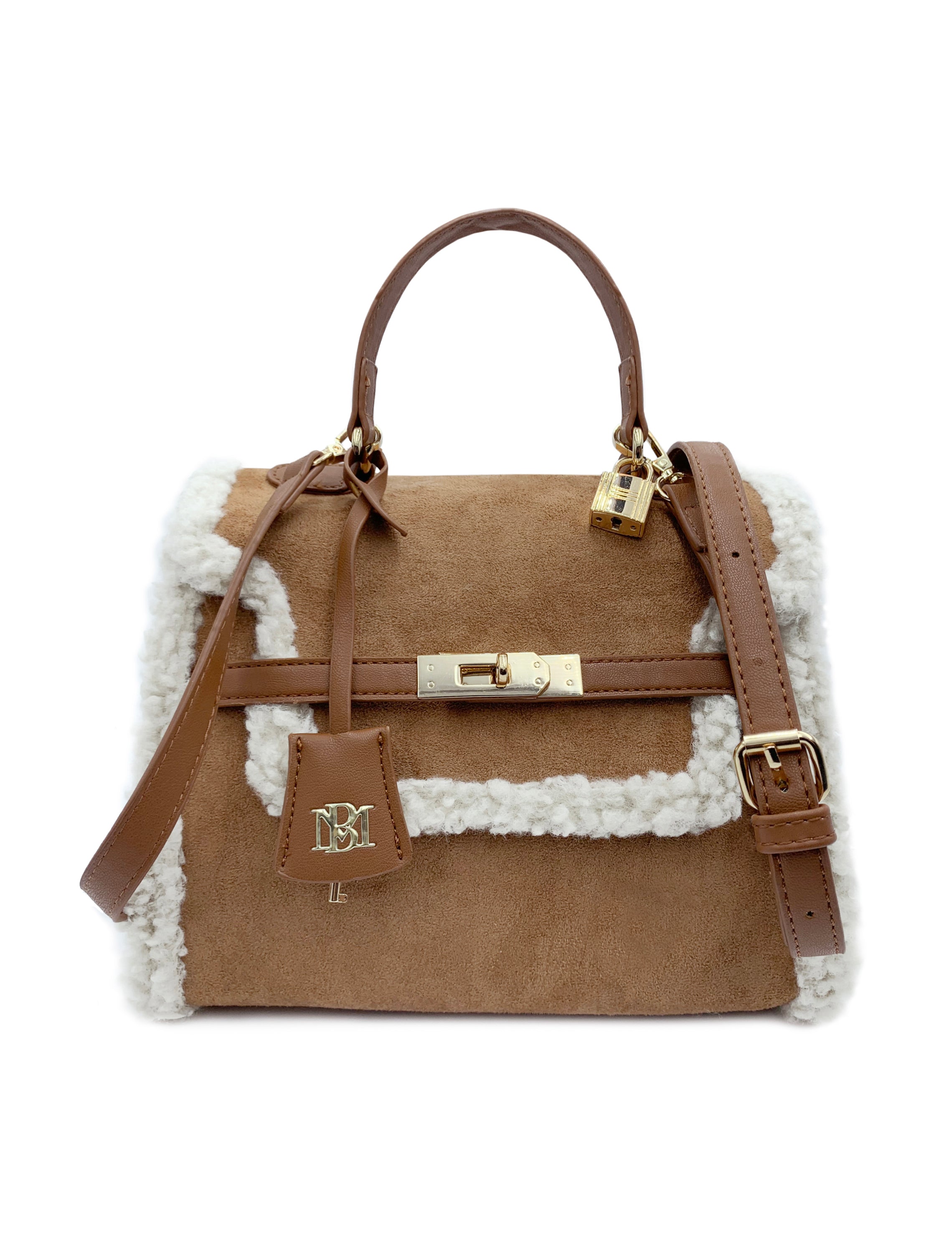 Badgley Mischka Shearling Trim Satchel Brown