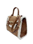Badgley Mischka Shearling Trim Satchel Brown