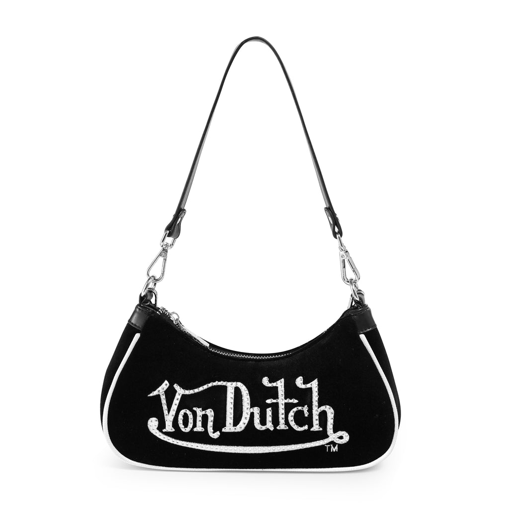 VON DUTCH BLACK & WHITE RHINETONE VELVET SHOULDER BAG