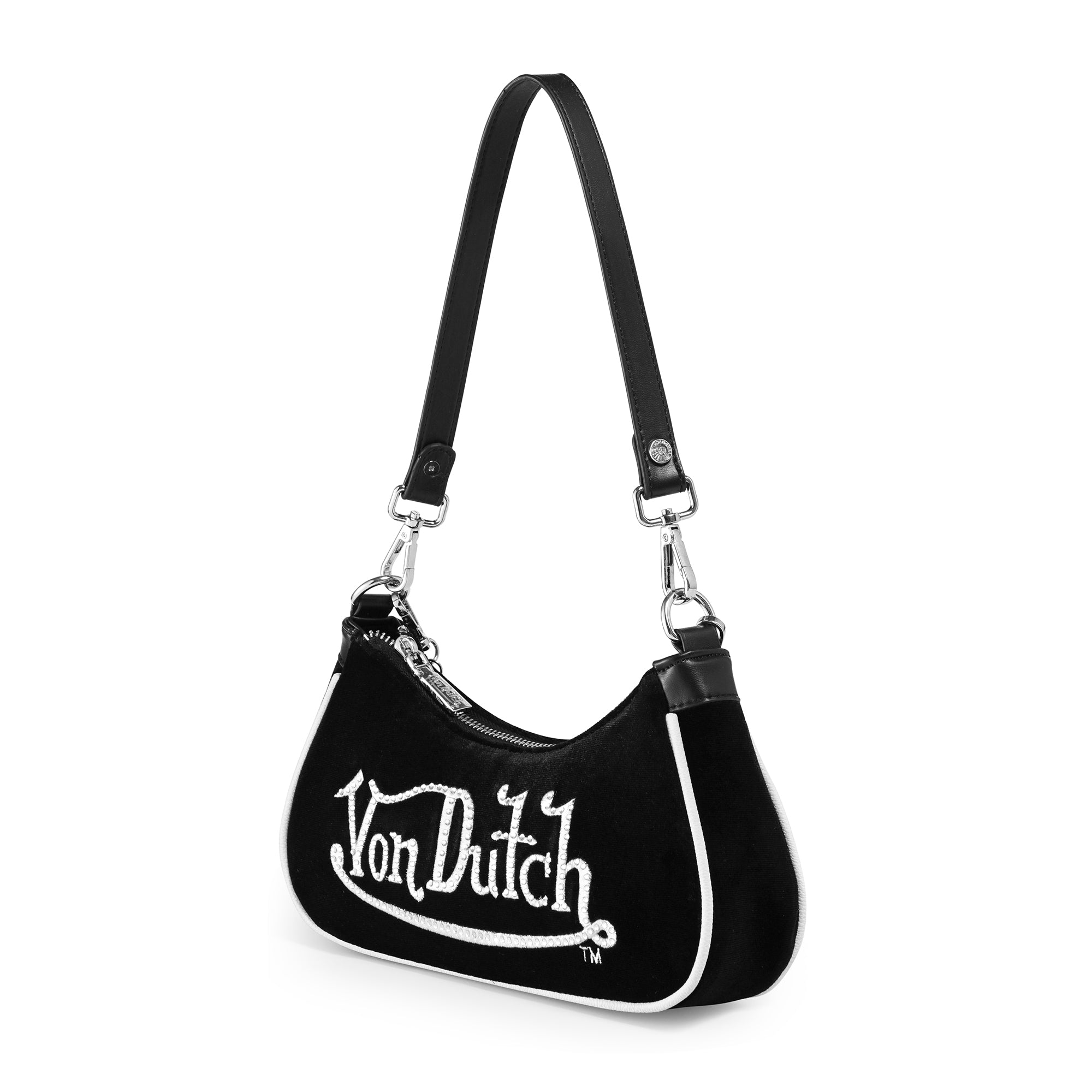 VON DUTCH BLACK & WHITE RHINETONE VELVET SHOULDER BAG