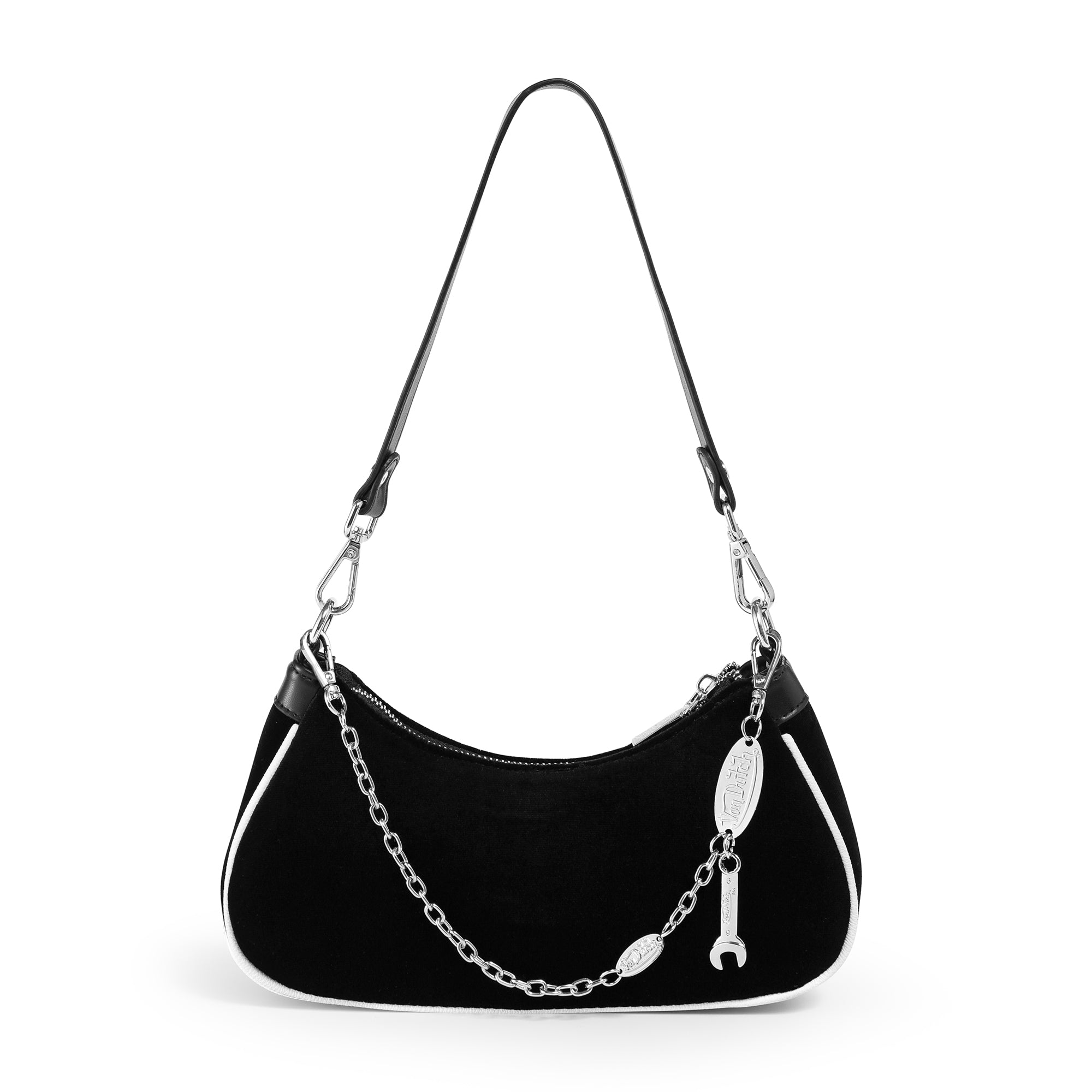VON DUTCH BLACK & WHITE RHINETONE VELVET SHOULDER BAG