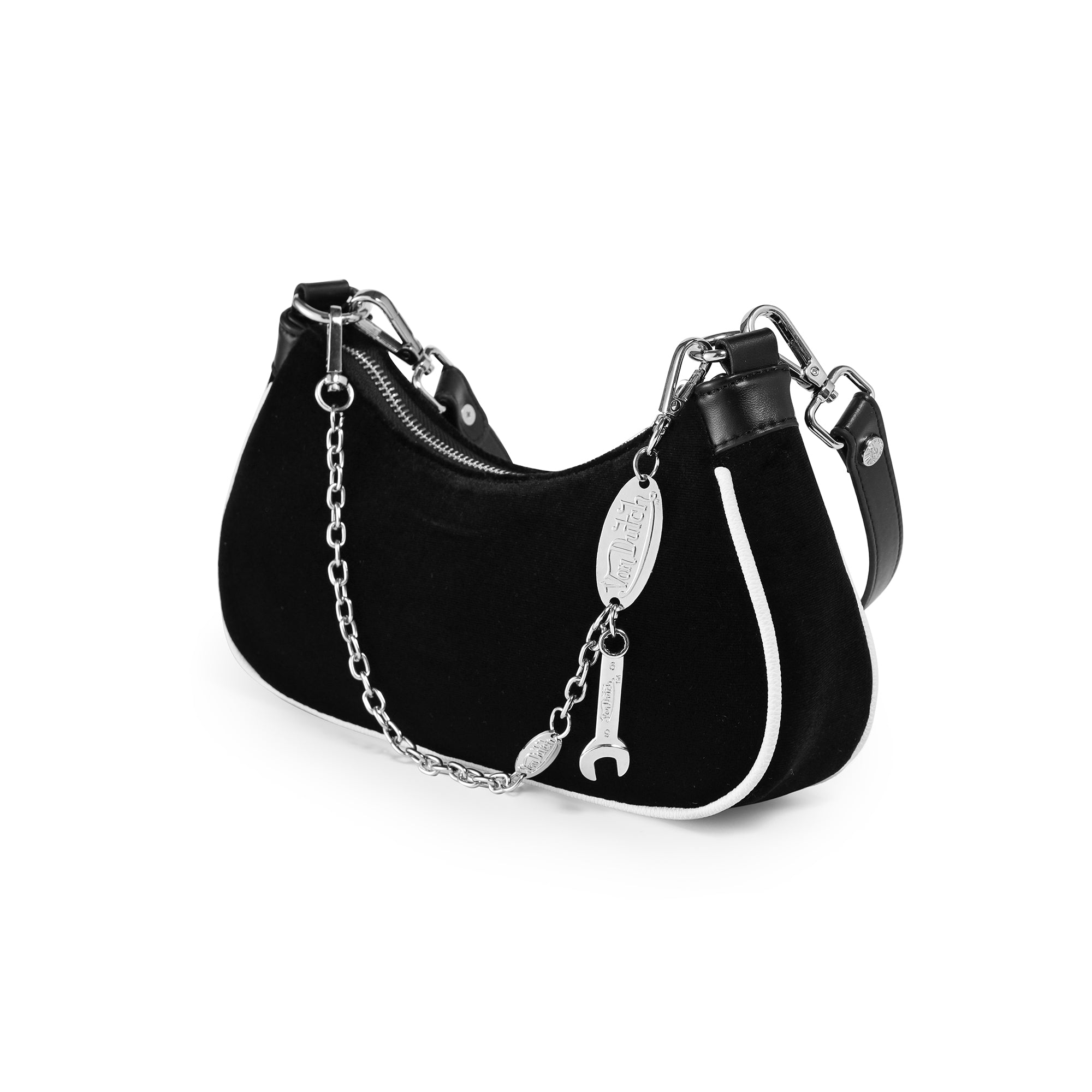 VON DUTCH BLACK & WHITE RHINETONE VELVET SHOULDER BAG