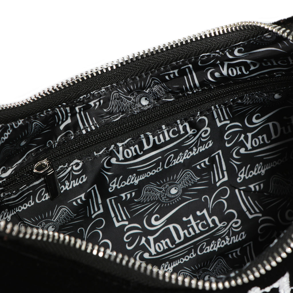 VON DUTCH BLACK & WHITE RHINETONE VELVET SHOULDER BAG