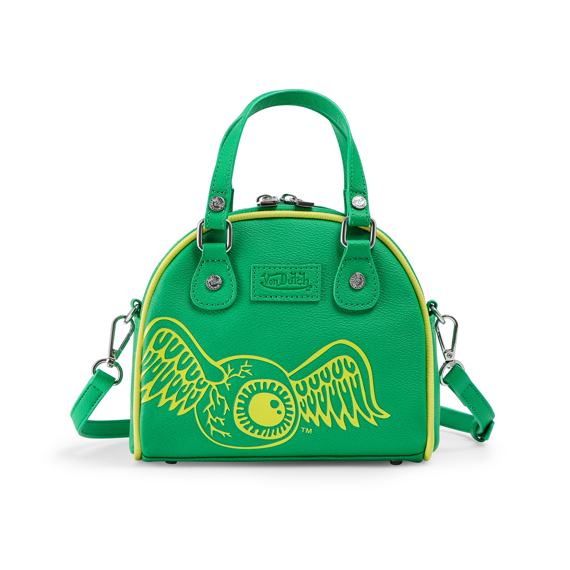 VON DUTCH GREEN AND YELLOW TWO-TONE BOWLING BAG
