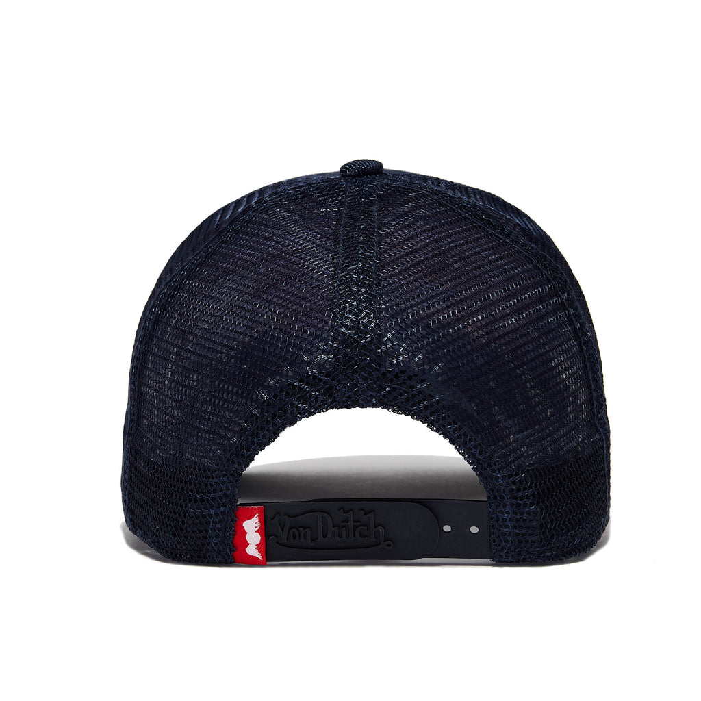 VON DUTCH DARK DENIM WITH RED & WHITE LOGO TRUCKER HAT