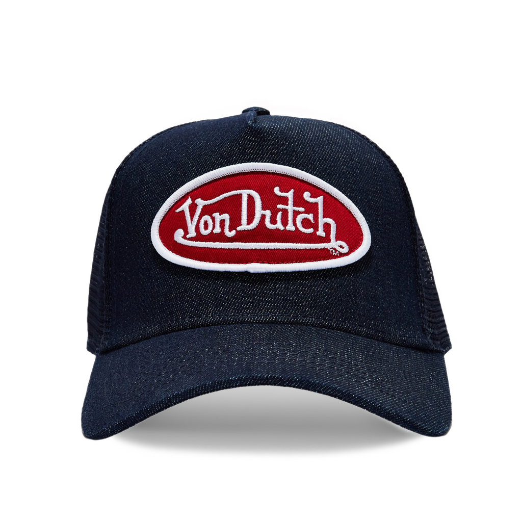VON DUTCH DARK DENIM WITH RED & WHITE LOGO TRUCKER HAT
