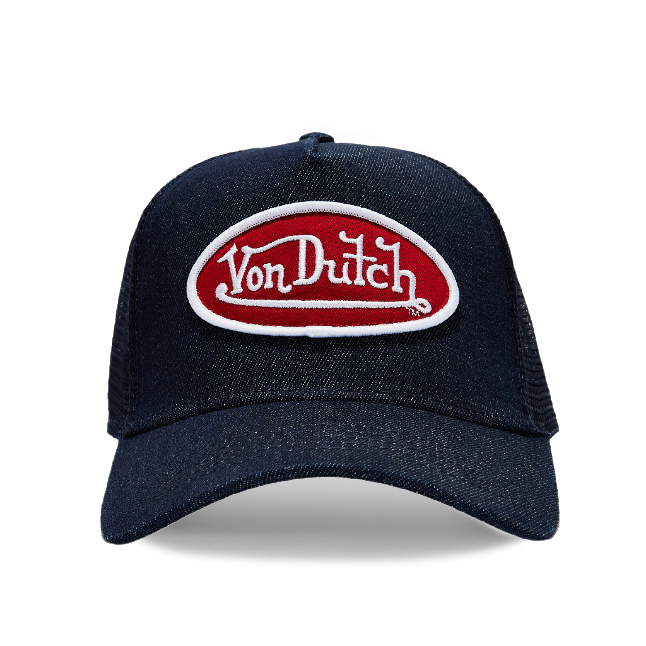 VON DUTCH DARK DENIM WITH RED & WHITE LOGO TRUCKER HAT