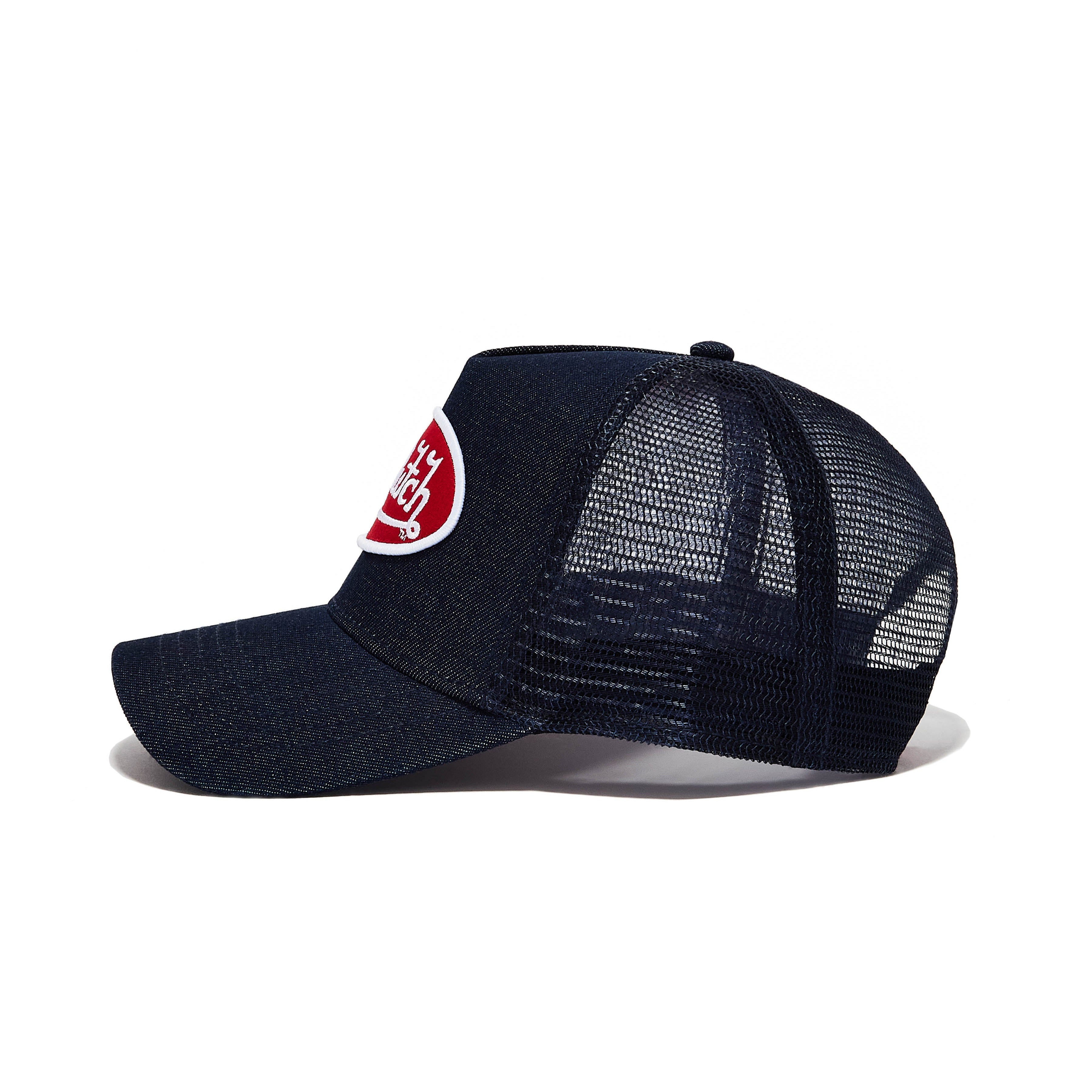 VON DUTCH DARK DENIM WITH RED & WHITE LOGO TRUCKER HAT