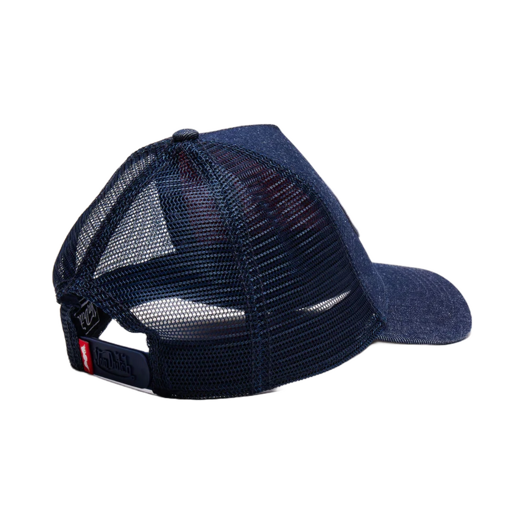 VON DUTCH DARK DENIM WITH RED & WHITE LOGO TRUCKER HAT