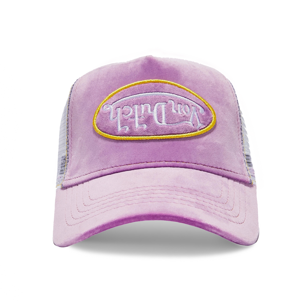VON DUTCH PURPLE REVERSE LOGO VELVET TRUCKER HAT