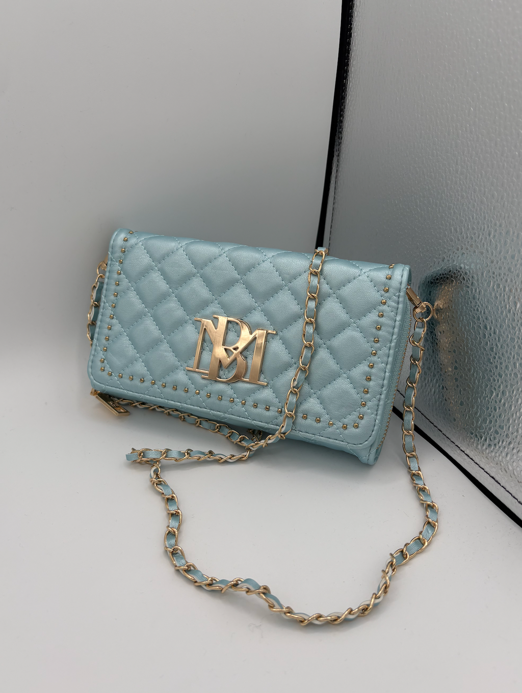 Badgley Mischka Blue and Gold Quilted Crossbody