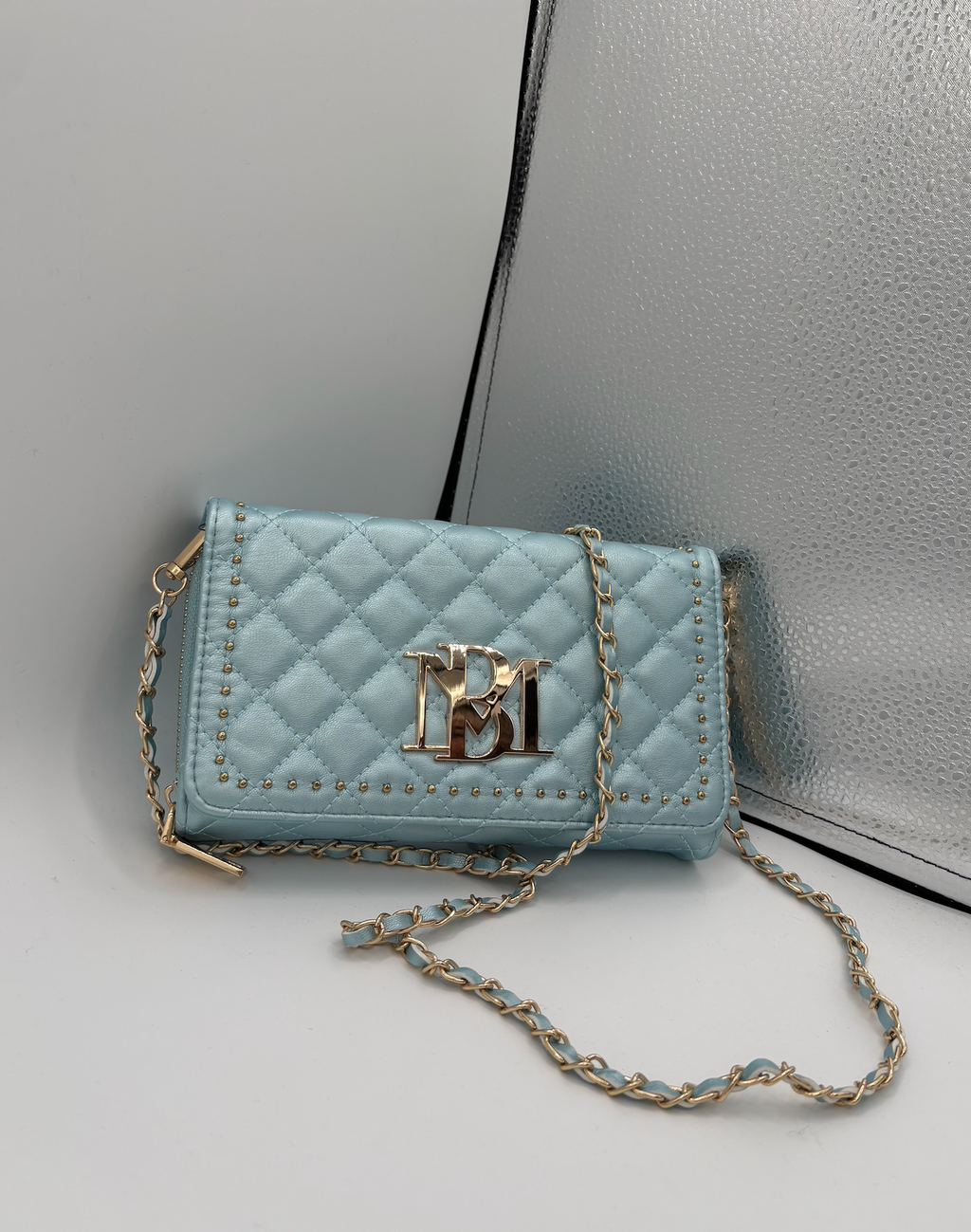 Badgley Mischka Blue and Gold Quilted Crossbody