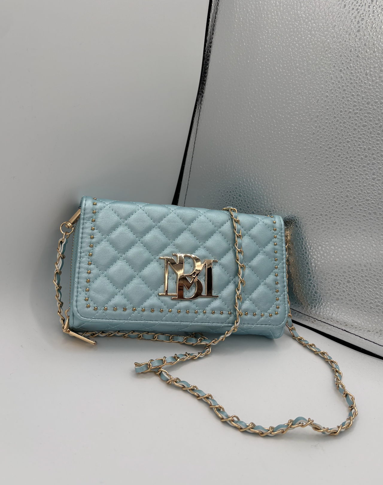 Badgley Mischka Blue and Gold Quilted Crossbody