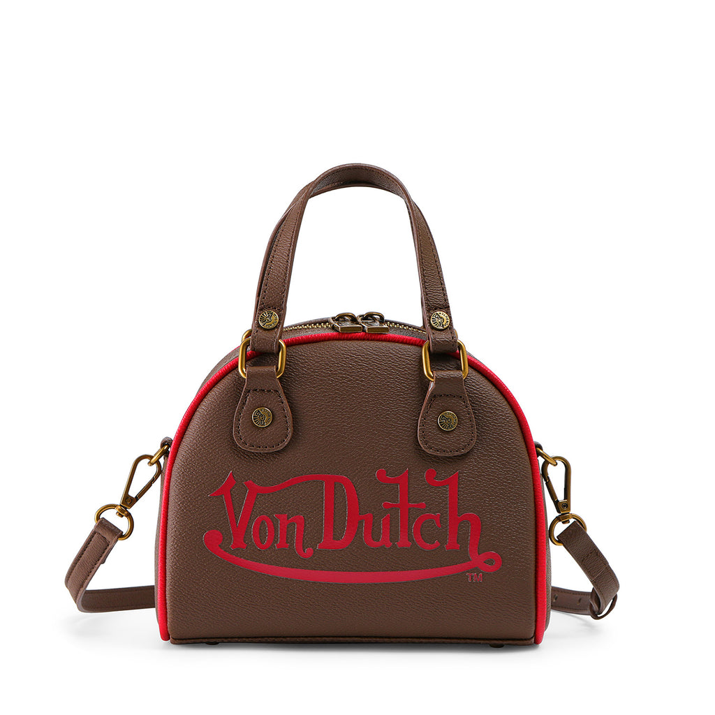 VON DUTCH DARK BROWN AND RED TWO-TONE BOWLING BAG