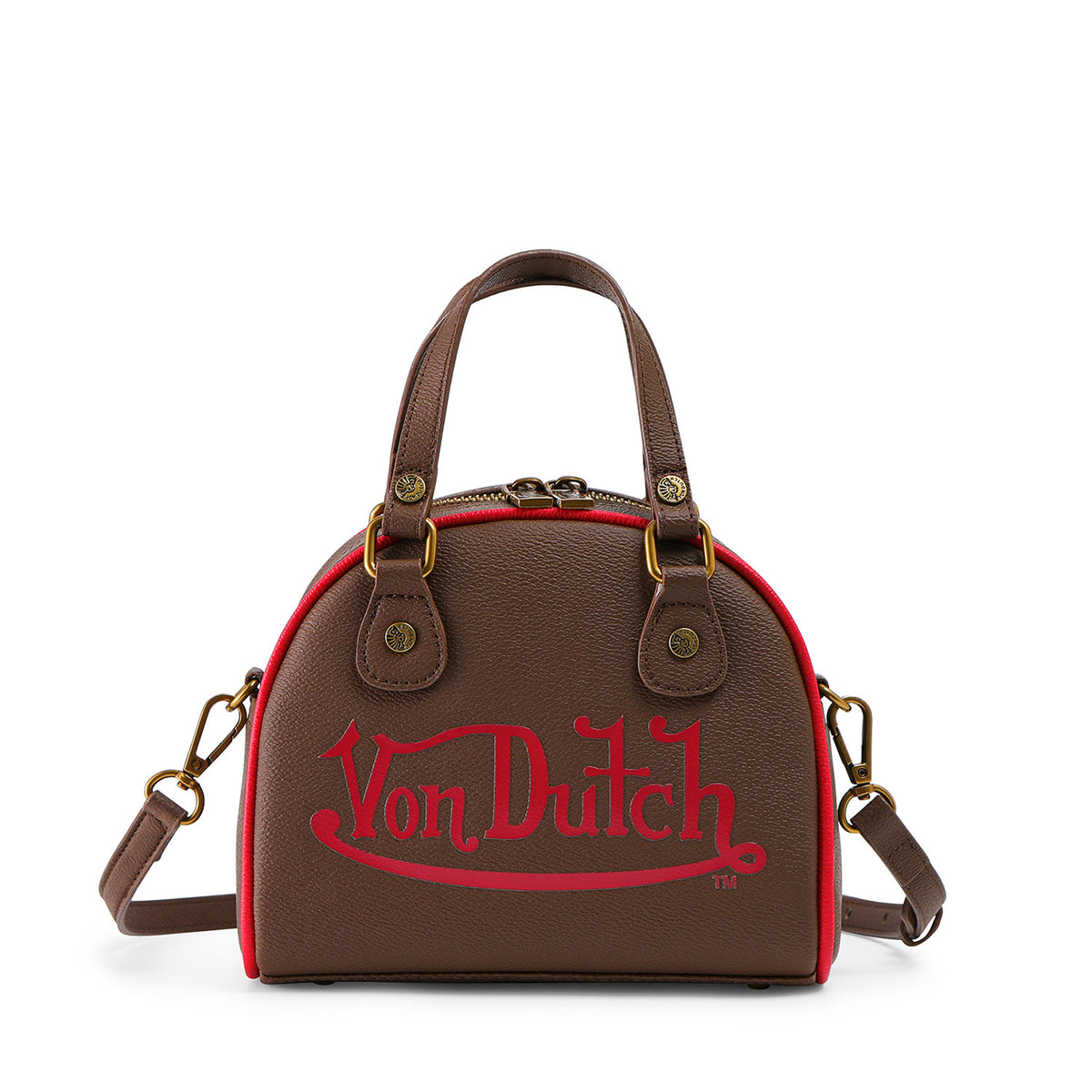 VON DUTCH DARK BROWN AND RED TWO-TONE BOWLING BAG