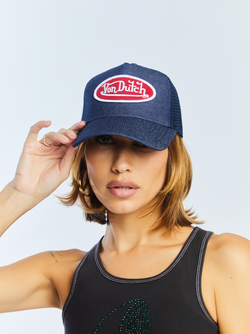 VON DUTCH DARK DENIM WITH RED & WHITE LOGO TRUCKER HAT