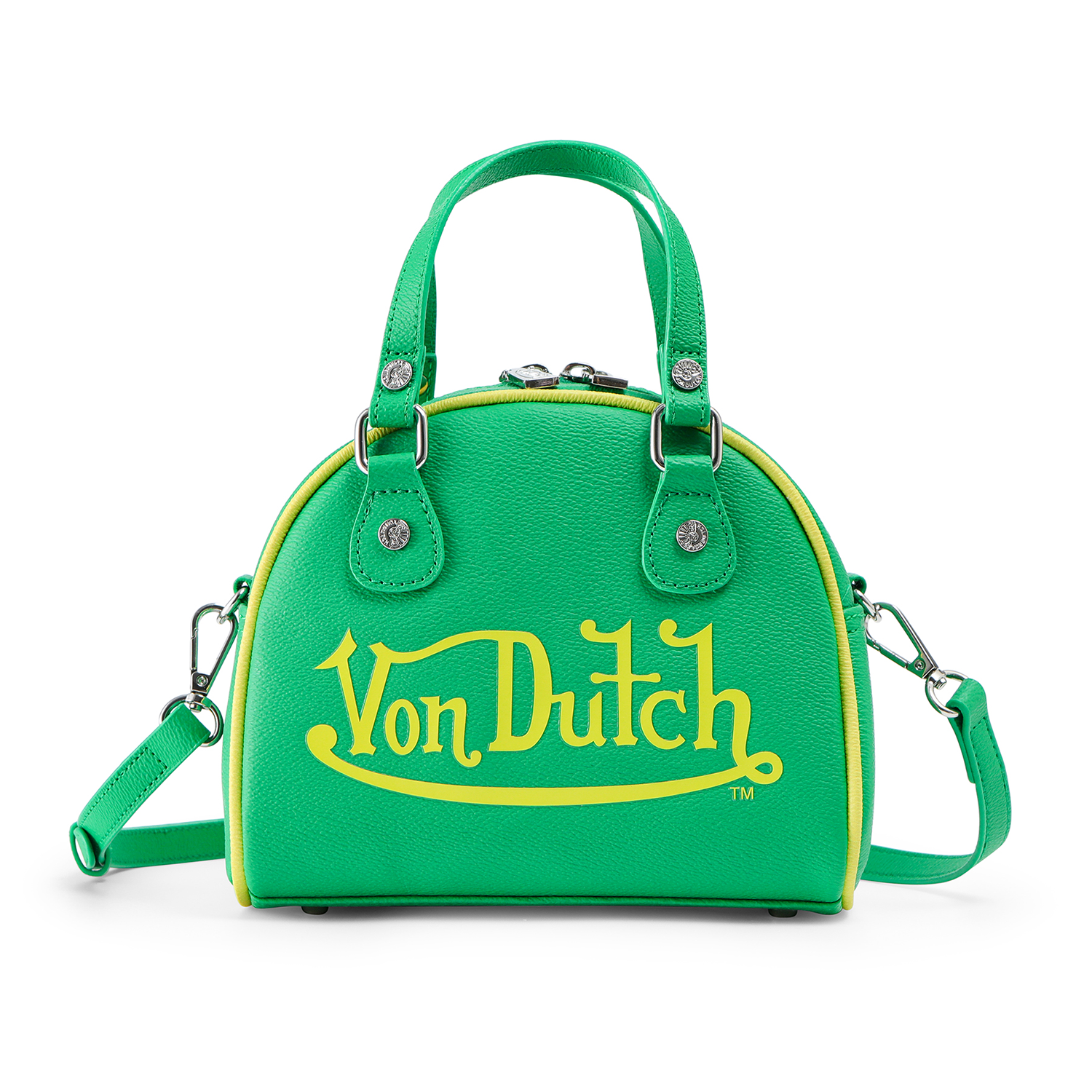 VON DUTCH GREEN AND YELLOW TWO-TONE BOWLING BAG