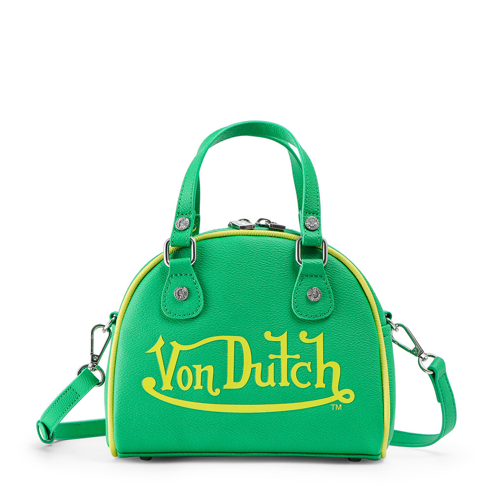 VON DUTCH GREEN AND YELLOW TWO-TONE BOWLING BAG